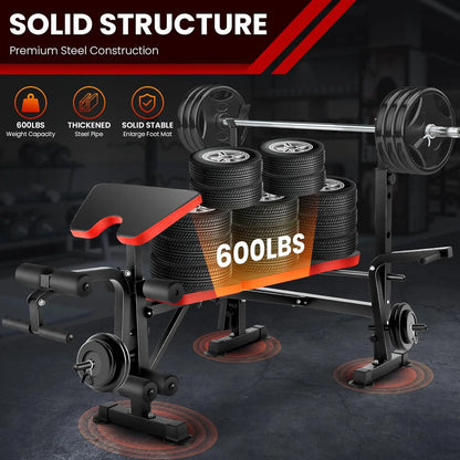 6-in-1 660lbs Weight Bench Set with Squat Rack.