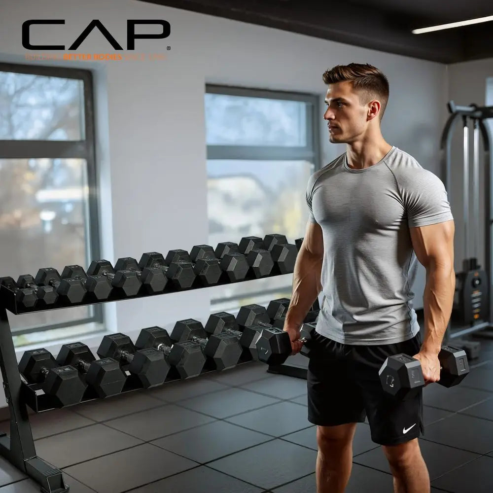 Rubber Hex Dumbbell Set with 23‑Tier Rack